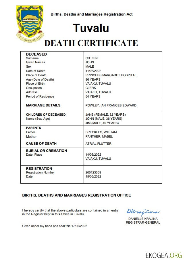 Modèle Word et PDF de certificat de décès de l'état civil de Tuvalu